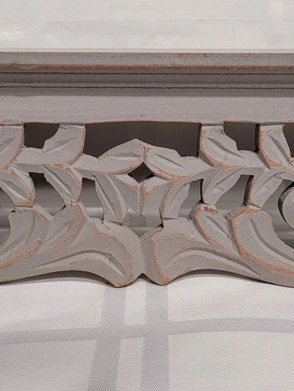 Carved Wooden Wall Display Shelf in Light Gray